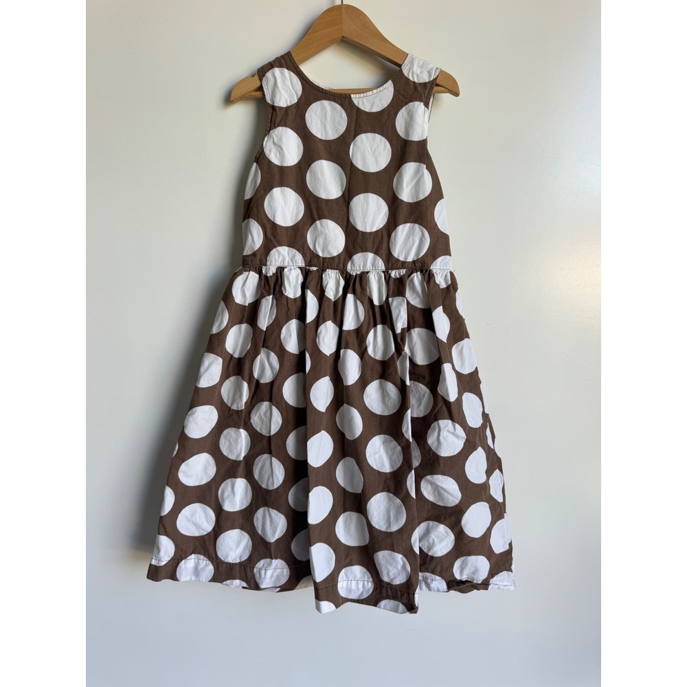 Mini Boden Girls Brown White Polka Dot Cotton Button Back Dress Size 9-10Y Retro